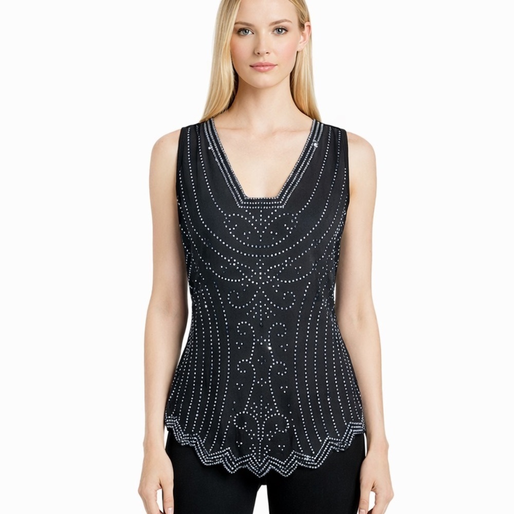 S. Levine Formal Beaded Front Tank Top Shell Black Stretch Knit Elegant Size XXL - Picture 1 of 11